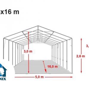 Professzionális extra erős rendezvénysátor 5 × 16 m, 80 m², fehér PVC ponyvával, 2,6 m oldalmagassággal, Ø 50 mm-es erősített horganyzott acélvázzal és padlókerettel