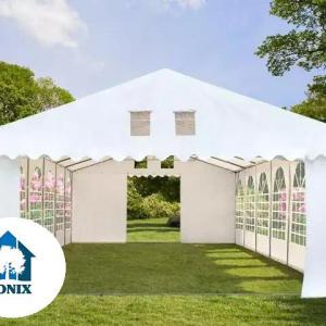 Professzionális extra erős rendezvénysátor 5 × 18 m, 90 m², fehér PVC ponyvával, 2,6 m oldalmagassággal, Ø 50 mm-es erősített acélvázzal és padlókerettel