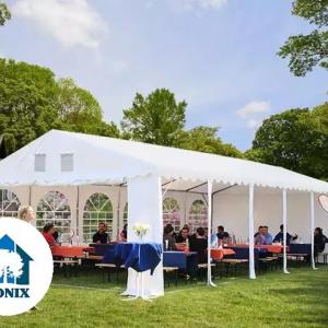 Professzionális extra erős rendezvénysátor 5 × 8 m, 40 m², fehér PVC ponyvával, 2,6 m oldalmagassággal, Ø 50 mm-es erősített horganyzott acélvázzal és padlókerettel