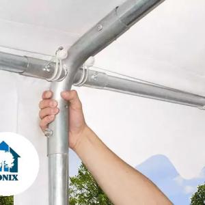 Professzionális extra erős rendezvénysátor 5 × 8 m, 40 m², fehér PVC ponyvával, 2,6 m oldalmagassággal, Ø 50 mm-es erősített horganyzott acélvázzal és padlókerettel