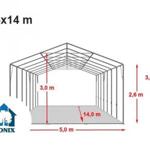 Professzionális extra erős rendezvénysátor 5x14 m, ponyva PVC fehér +2,6 m oldalmagasság, erősített szerkezettel