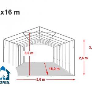 Professzionális extra erős rendezvénysátor 5x16 m, ponyva tűzálló PVC fehér oldalmagasság+ 2,6m erősített szerkezettel