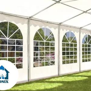 Professzionális extra erős rendezvénysátor 6 × 10 m, 60 m², fehér PVC ponyvával, 2,6 m oldalmagassággal, Ø 50 mm-es erősített horganyzott acélvázzal és padlókerettel