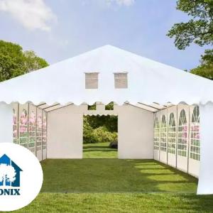 Professzionális extra erős rendezvénysátor 6 × 10 m, 60 m², fehér PVC ponyvával, 2,6 m oldalmagassággal, Ø 50 mm-es erősített horganyzott acélvázzal és padlókerettel
