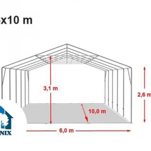 Professzionális extra erős rendezvénysátor 6 × 10 m, 60 m², fehér PVC ponyvával, 2,6 m oldalmagassággal, Ø 50 mm-es erősített horganyzott acélvázzal és padlókerettel
