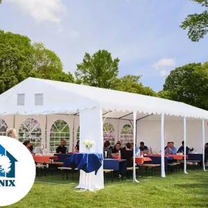 Professzionális extra erős rendezvénysátor 6 × 24 m, 144 m², fehér PVC ponyvával, 2,6 m oldalmagassággal, Ø 50 mm-es erősített horganyzott acélvázzal és padlókerettel