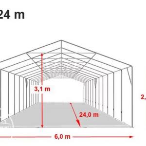 Professzionális extra erős rendezvénysátor 6 × 24 m, 144 m², fehér PVC ponyvával, 2,6 m oldalmagassággal, Ø 50 mm-es erősített horganyzott acélvázzal és padlókerettel