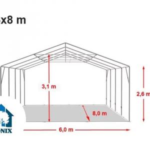 Professzionális extra erős rendezvénysátor 6 × 8 m, 48 m², fehér PVC ponyvával, 2,6 m oldalmagassággal, Ø 50 mm-es erősített horganyzott acélvázzal és padlókerettel
