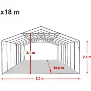 Professzionális extra erős rendezvénysátor 6x18m, ponyva PVC fehér +2,6 m oldalmagasság, erősített szerkezet  acélcső Ø 50mm (108m2)