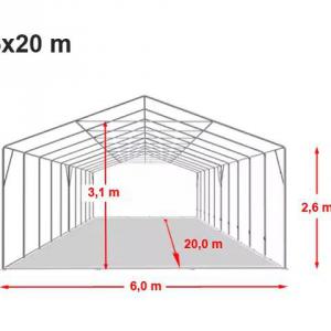 Professzionális extra erős rendezvénysátor 6x20 m, ponyva PVC oldalmagasság+ 2,6m, erősített szerkezet fehér