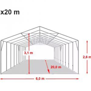 Professzionális extra erős rendezvénysátor 6x20 m, ponyva tűzálló PVC 1400 oldalmagasság + 2,6m, erősített szerkezet fehér (120m2)