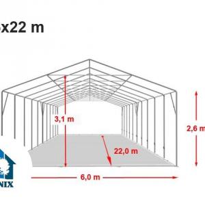Professzionális extra erős rendezvénysátor 6x22 m, ponyva PVC 800 fehér +2,6 m oldalmagasság, erősített szerkezettel (132m2)