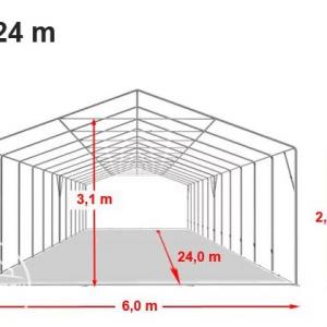 Professzionális extra erős rendezvénysátor 6x24 m ponyva PVC 800 fehér +2,6 m oldalmagasság, erősített szerkezet  (144 m2)