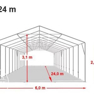 Professzionális extra erős rendezvénysátor 6x24 m ponyva PVC  fehér +2,6 m oldalmagasság, erősített szerkezet acélcső Ø 50mm  (144 m2)