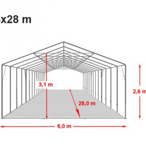 Professzionális extra erős rendezvénysátor 6x28 m ponyva tűzálló PVC szürke-fehér oldalmagasság + 2,6m, erősített szerkezettel