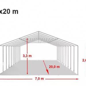 Professzionális extra erős rendezvénysátor 7x20 m, ponyva tűzálló PVC oldalmagasság + 2,6m, erősített szerkezettel fehér