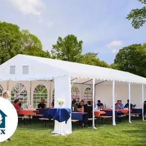 Professzionális extra erős rendezvénysátor 8 × 12 m, 96 m², fehér PVC ponyvával, 2,6 m oldalmagassággal, Ø 50 mm-es erősített horganyzott acélvázzal és padlókerettel