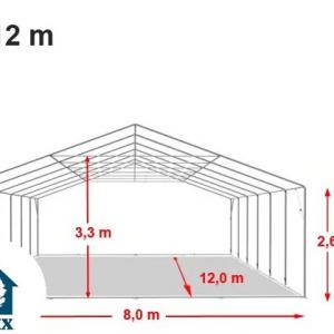 Professzionális extra erős rendezvénysátor 8 × 12 m, 96 m², fehér PVC ponyvával, 2,6 m oldalmagassággal, Ø 50 mm-es erősített horganyzott acélvázzal és padlókerettel