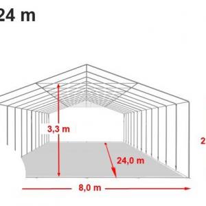 Professzionális extra erős rendezvénysátor 8 × 24 m, 192 m², fehér PVC ponyvával, 2,6 m oldalmagassággal, Ø 50 mm-es erősített horganyzott acélvázzal és padlókerettel