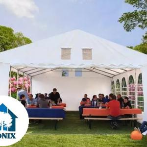 Professzionális extra erős rendezvénysátor 8x12 m, ponyva lángálló PVC oldalmagasság+ 2,6m erősített szerkezettel, padlókerettel fehér