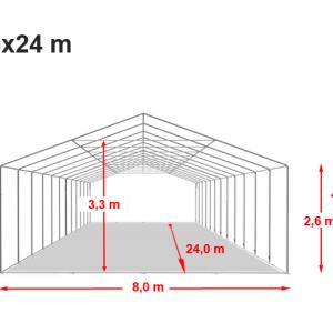 Professzionális  extra erős rendezvénysátor 8x24 m, ponyva tűzálló PVC oldalmagasság + 2,6m, padlókerettel fehér