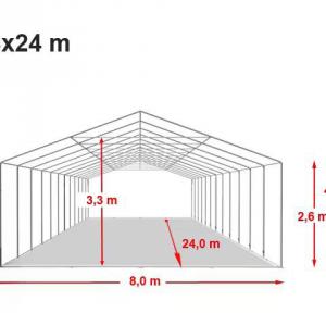 Professzionális  extra erős rendezvénysátor 8x24 m, ponyva tűzálló PVC oldalmagasság + 2,6m, padlókerettel fehér