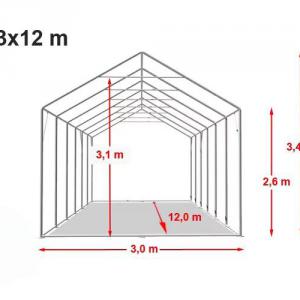 Professzionális extra erős rendezvénysátor parti sátor 3x12 m, ponyva PVC fehér oldalmagasság +2,6 m  erősített szerkezet padlókerettel