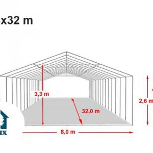 Professzionális extra erős rendezvénysátor parti sátor 8x32 m ponyva tűzálló PVC oldalmagasság + 2,6m erősített szerkezettel  (256m2) fehér