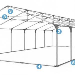 Professzionális extra erős rendezvénysátor, partisátor 5 × 12 m, 60 m², PVC fehér ponyvával, megerősített horganyzott acélszerkezettel, extra tetőmerevítéssel és stabil padlókerettel