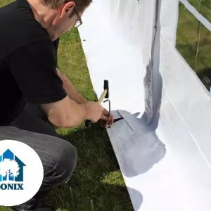 Professzionális extra erős rendezvénysátor, partisátor 5 × 12 m, 60 m², PVC fehér ponyvával, megerősített horganyzott acélszerkezettel, extra tetőmerevítéssel és stabil padlókerettel