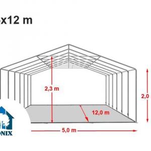 Professzionális extra erős rendezvénysátor, partisátor 5 × 12 m, 60 m², PVC fehér ponyvával, megerősített horganyzott acélszerkezettel, extra tetőmerevítéssel és stabil padlókerettel