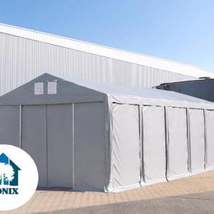 Professzionális ipari raktársátor 6 × 12 m – 72 m², 4,00 m oldalmagassággal, tolókapuval, erős szürke PVC ponyvával és extra megerősített horganyzott acélszerkezettel