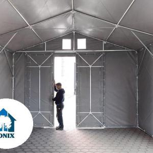 Professzionális ipari raktársátor 6 × 12 m – 72 m², 4,00 m oldalmagassággal, tolókapuval, erős szürke PVC ponyvával és extra megerősített horganyzott acélszerkezettel