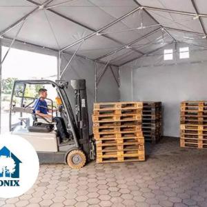 Professzionális ipari raktársátor 6 × 12 m – 72 m², 4,00 m oldalmagassággal, tolókapuval, erős szürke PVC ponyvával és extra megerősített horganyzott acélszerkezettel