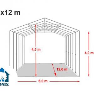 Professzionális ipari raktársátor 6 × 12 m – 72 m², 4,00 m oldalmagassággal, tolókapuval, erős szürke PVC ponyvával és extra megerősített horganyzott acélszerkezettel