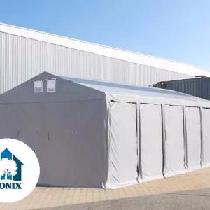 Professzionális ipari raktársátor 8 × 12 m – 96 m², 4,00 m oldalmagassággal, két standard kapuval, tetőablakokkal, erős szürke PVC ponyvával és extra megerősített horganyzott acélszerkezettel
