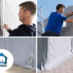 Professzionális ipari raktársátor 8 × 12 m – 96 m², 4,00 m oldalmagassággal, két standard kapuval, tetőablakokkal, erős szürke PVC ponyvával és extra megerősített horganyzott acélszerkezettel
