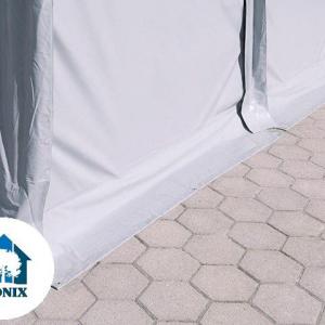 Professzionális ipari raktársátor 8 × 12 m – 96 m², 4,00 m oldalmagassággal, két standard kapuval, tetőablakokkal, erős szürke PVC ponyvával és extra megerősített horganyzott acélszerkezettel