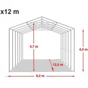 Professzionális ipari raktársátor 8 × 12 m – 96 m², 4,00 m oldalmagassággal, két standard kapuval, tetőablakokkal, erős szürke PVC ponyvával és extra megerősített horganyzott acélszerkezettel