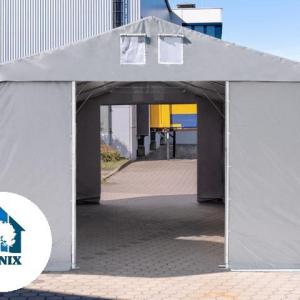 Professzionális ipari raktársátor 8 × 16 m – 128 m², 4,00 m oldalmagassággal, tolókapuval, erős szürke PVC ponyvával és extra megerősített horganyzott acélszerkezettel