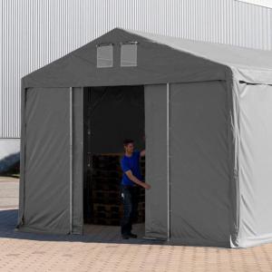 Professzionális ipari raktársátor 8 × 16 m – 128 m², 4,00 m oldalmagassággal, tolókapuval, erős szürke PVC ponyvával és extra megerősített horganyzott acélszerkezettel