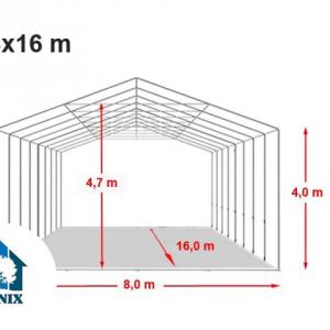 Professzionális ipari raktársátor 8 × 16 m – 128 m², 4,00 m oldalmagassággal, tolókapuval, erős szürke PVC ponyvával és extra megerősített horganyzott acélszerkezettel