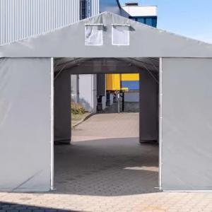 Professzionális ipari raktársátor 8 × 24 m – 192 m², 4,00 m oldalmagassággal, tolókapuval, PVC ponyvával és extra megerősített horganyzott acélszerkezettel