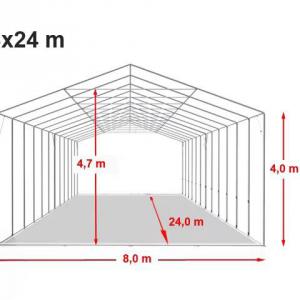 Professzionális ipari raktársátor 8 × 24 m – 192 m², 4,00 m oldalmagassággal, tolókapuval, PVC ponyvával és extra megerősített horganyzott acélszerkezettel