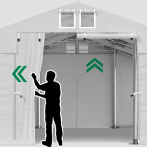 Professzionális  ipari raktársátor 8 × 8 m – 64 m², 560 g/m² PVC fehér   ponyvával, két nagyméretű bejárattal és megerősített horganyzott acélszerkezettel