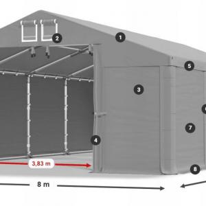 Professzionális  ipari raktársátor 8 × 8 m – 64 m², 560 g/m² PVC fehér   ponyvával, két nagyméretű bejárattal és megerősített horganyzott acélszerkezettel
