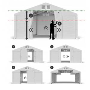 Professzionális  ipari raktársátor 8 × 8 m – 64 m², 560 g/m² PVC fehér   ponyvával, két nagyméretű bejárattal és megerősített horganyzott acélszerkezettel