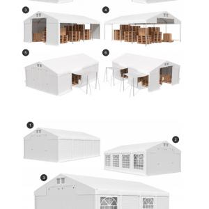 Professzionális  ipari raktársátor 8 × 8 m – 64 m², 560 g/m² PVC fehér   ponyvával, két nagyméretű bejárattal és megerősített horganyzott acélszerkezettel