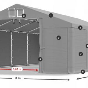 Professzionális  ipari raktársátor 8 × 8 m – 64 m², 560 g/m² PVC szürke  ponyvával, két nagyméretű bejárattal és megerősített horganyzott acélszerkezettel