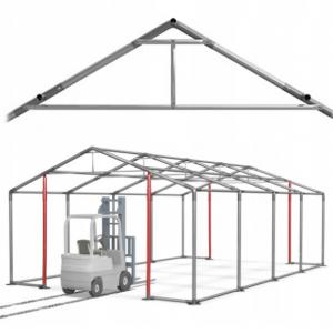 Professzionális  ipari raktársátor 8 × 8 m – 64 m², 560 g/m² PVC szürke  ponyvával, két nagyméretű bejárattal és megerősített horganyzott acélszerkezettel